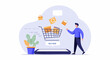 © vector - Illustration of online shopping with a man pointing at a digital cart filled with products, urging to 'Buy Now'.