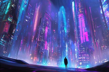 Poster - Solitary Figure Contemplating a Futuristic, Neon-Lit Metropolis