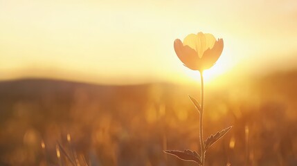 Poster - Backlit flower growing in a field during golden hour, creating a picturesque scene of tranquility and natural beauty as the sun sets behind the horizon