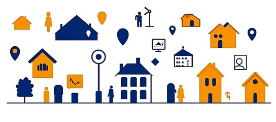 Poster - Abstract illustration of a neighborhood with houses, people, and location markers.