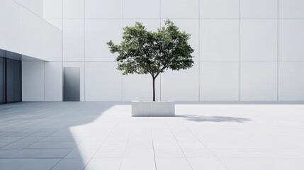 Poster - Small tree growing in a white rectangular pot is placed in the middle of a white tiled square of a modern minimalist building with large windows and a door