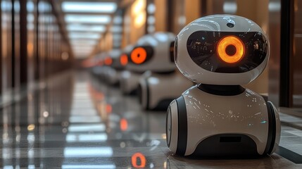 Aufkleber - A row of advanced robots with glowing features, showcasing technological innovation in a futuristic hallway, representing modern automation and efficiency.