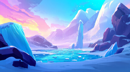 nordic sea landscape with iceberg and glacier. vector cartoon illustration of arctic scenery, blue i