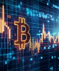 Poster - Glowing Bitcoin Symbol Overlaid on a Dynamic Cryptocurrency Market Graph