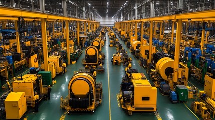 Poster - Vast Assembly Line of Yellow Machinery in a Modern Factory