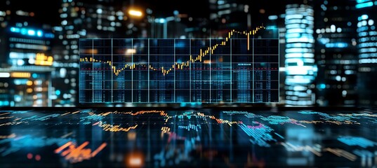 Poster - Night Cityscape with Financial Market Data Displaying Stock Chart Trend