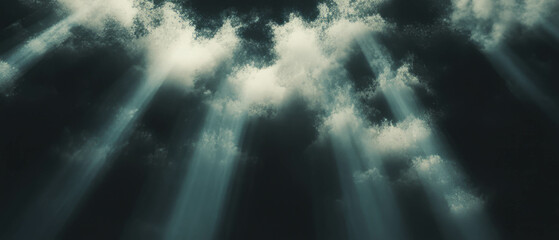 Poster - Light beams interact with smoke creating depth against a dark background