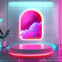 Poster - Neon-lit minimalist platform with arched pink cloud display
