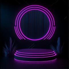 Poster - Neon-lit tiered platform with circular backdrop and stylized plants.