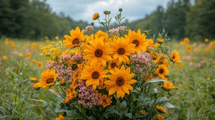 Poster - A vibrant meadow stretches wide, filled with tall sunflowers swaying gently in the breeze, surrounded by a tapestry of colorful wildflowers under a soft, cloudy sky
