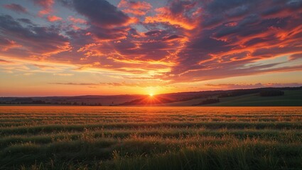 Wall Mural - Golden sunlight paints the evening sky with hues of orange and red as the sun sets over the field and river