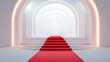 © Sahraya - Red carpet podium for winner or award vector. 3d white stage for show or product display cover with premium cloth. Cinema presentation template. Empty studio platform for exclusive showcase or contest