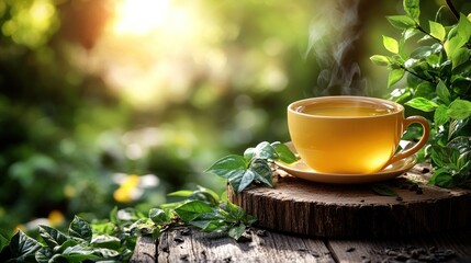 Wall Mural - Steaming teacup, garden sunrise, tranquility