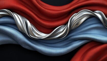 Abstract Swirling Silver Fabric Draped Over Red and Blue Textiles