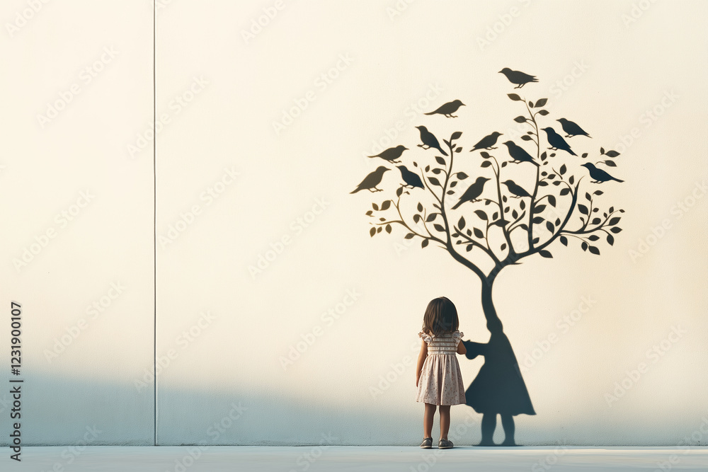 Observing Shadow Little girl observing tree shadow with birds on wall, capturing ...