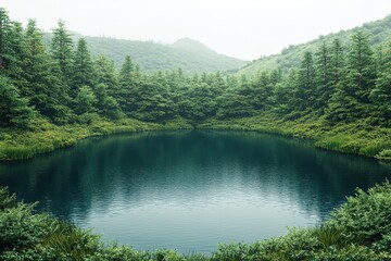 Poster - A serene landscape featuring a calm lake surrounded by lush greenery and forested mountains, perfect for nature lovers and tranquil escapes.