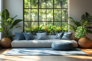 Aufkleber - A serene living space featuring a comfortable couch adorned with blue cushions, surrounded by lush greenery and natural light streaming through large windows.