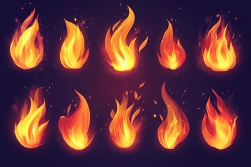 Aufkleber - Decorative flames in various shapes and styles showcasing vibrant colors and details for visual effects and design elements