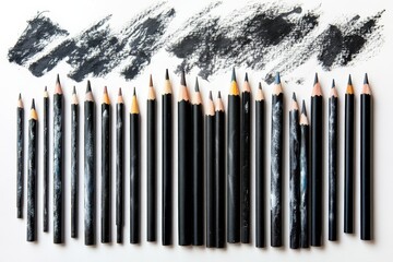 Poster - Collection of black and gray drawing pencils arranged meticulously on a clean surface
