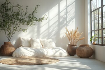 Aufkleber - A serene living space featuring soft cushions, natural light pouring through large windows, and stylish plants that create a tranquil atmosphere.