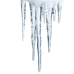 Poster - A close-up image showcases several icicles hanging from a roof edge against a black background.  The icicles are clear, with varying lengths and textures.
