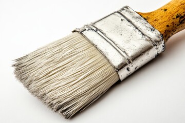 Poster - Brush for painting with worn bristles on a wooden handle positioned on a light surface