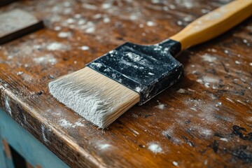 Poster - Brush resting on a wooden surface after painting with dust particles scattered around creating a rustic atmosphere