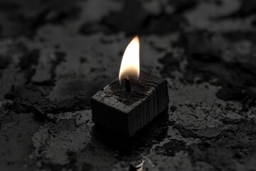 Poster - Flickering candle flame on a dark reflective surface creates a serene atmosphere during a quiet evening