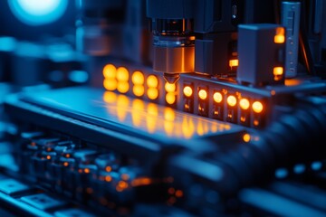 Aufkleber - Illuminated circuit board processing in a high-tech facility during nighttime operations
