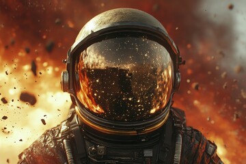 Poster - Astrophysical exploration in a fiery environment with an astronaut suit reflecting cosmic elements