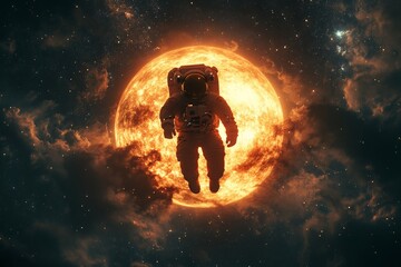 Poster - astronaut floating in space near a glowing sun surrounded by stars and clouds