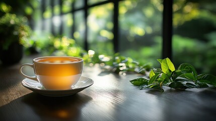 Wall Mural - Sunlit teacup, garden view, morning calm, relaxation