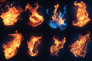 Poster - Various flames swirl and dance in vibrant colors against a dark background, showcasing dynamic fire movements and textures