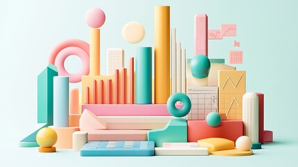 Poster - Abstract Pastel 3D Geometric Composition with Data Visualization Elements