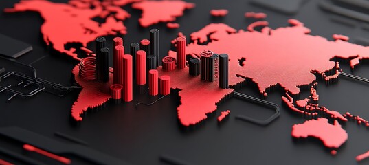 Poster - Global Economic Indicators: Red and Black Cylindrical Data on a World Map