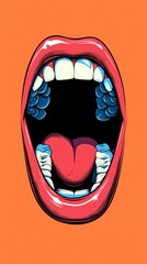 Poster - Illustration of an open mouth with visible teeth and tongue, set against a vibrant orange background, conveying concepts of speech, expression, and oral health