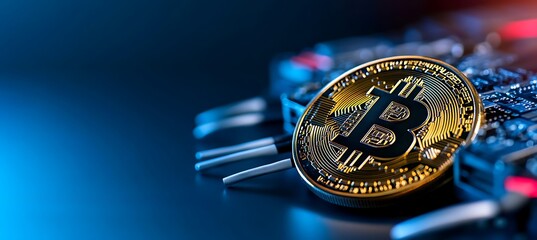 Poster - Golden Bitcoin Cryptocurrency on Computer Motherboard