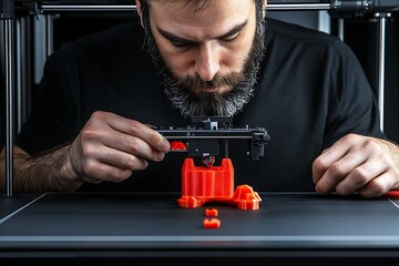 Poster - Bearded Man Carefully Monitoring 3D Printer Producing Orange Object