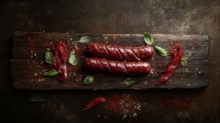 Leinwandbilder - An artistic composition of raw sausages neatly arranged on a rustic wooden surface, with seasonings and herbs scattered around, emphasizing the preparation process