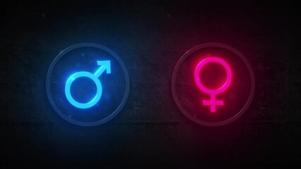 Poster - neon male female logo electricity background/ 4k animation of a background with neon male and female