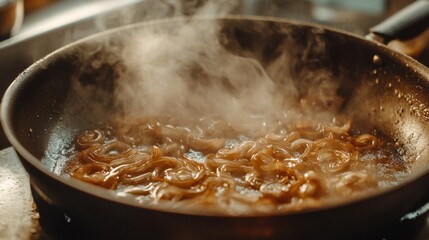 Poster - An inviting image of shallots caramelizing in a pan, with golden brown colors and a hint of steam rising, creating a mouthwatering cooking atmosphere