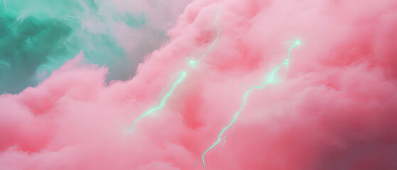 Poster - Vibrant pink smoke and green lightning contrast against a dark background in a whimsical atmosphere