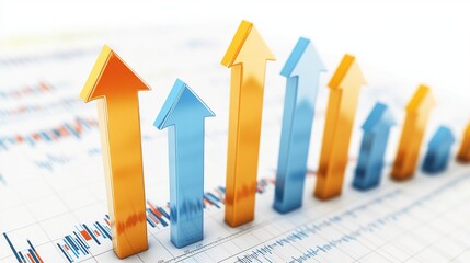 Poster - A D-rendered stock market chart with arrows pointing upward and downward, symbolizing the highs and lows of market trends, isolated on a white background.