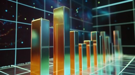 Aufkleber - A D bar chart with metallic, gradient bars rising from a financial graph, showing growth and progress, with a modern digital interface in the background