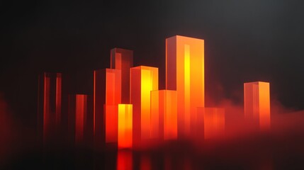 Fototapete - A D financial bar chart with sleek, glowing bars rising dramatically against a dark backdrop, with subtle light effects highlighting the data