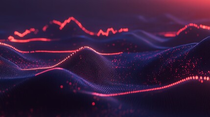Poster - A D financial line graph with smooth, curving lines connecting glowing points, showing a steady upward trend against a dark digital landscape