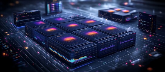 Poster - Array of futuristic data cubes displaying dynamic visualizations and processing information.