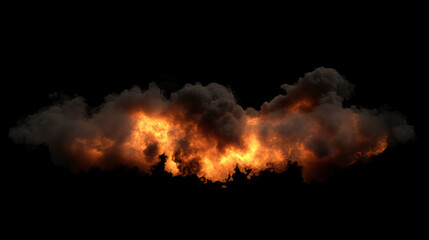 clouds of black smoke with orange backlight from fire. vector realistic set of dark fog streams, hot