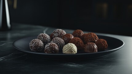 Aufkleber - A beautifully arranged plate of assorted chocolate truffles, showcasing different textures and flavors, set against a dark, elegant background