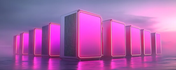 Poster - Futuristic Pink Neon Servers Reflecting in Calm Water at Sunset